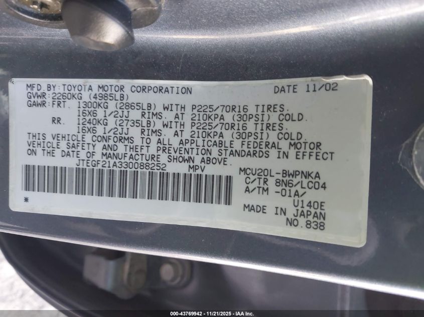 2003 Toyota Highlander Limited V6 VIN: JTEGF21A330088252 Lot: 43769942