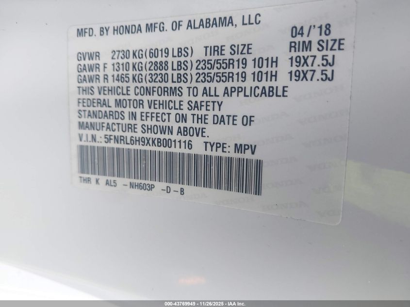 2019 Honda Odyssey Elite VIN: 5FNRL6H9XKB001116 Lot: 43769949