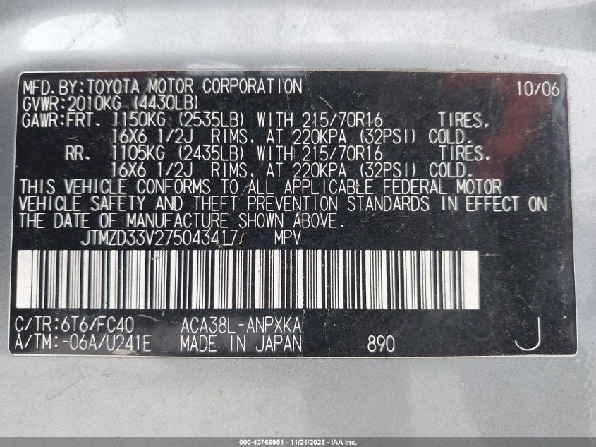 2007 Toyota Rav4 VIN: JTMZD33V275043417 Lot: 43769951