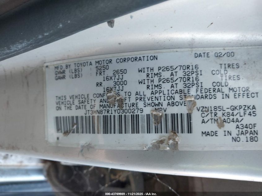 2000 Toyota 4Runner Limited V6 VIN: JT3HN87R1Y0300279 Lot: 43769989