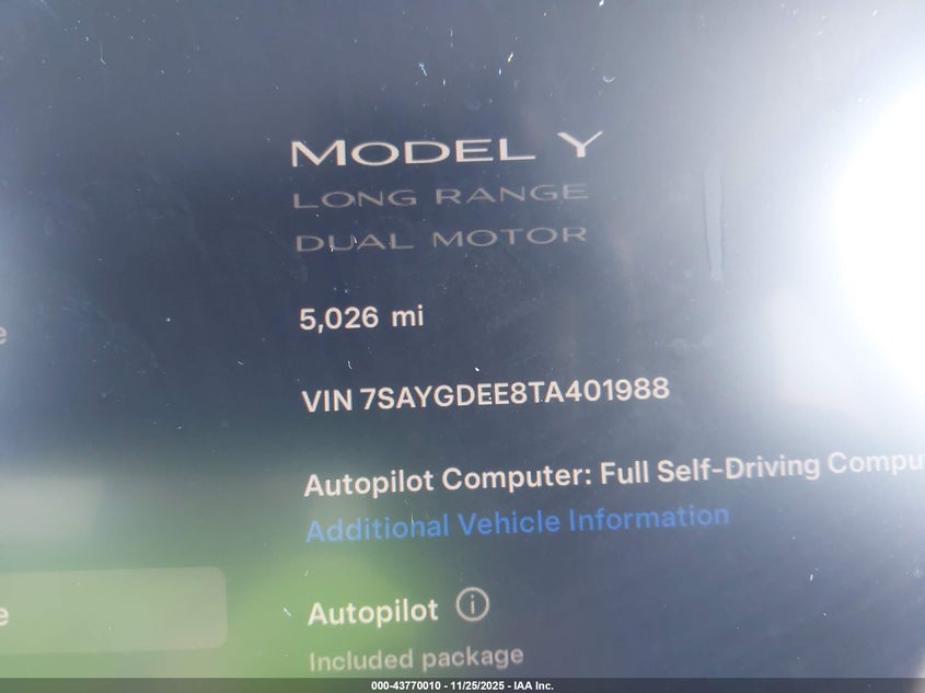 2026 Tesla Model Y Long Range Dual Motor All-Wheel Drive/Long Range Launch Series VIN: 7SAYGDEE8TA401988 Lot: 43770010