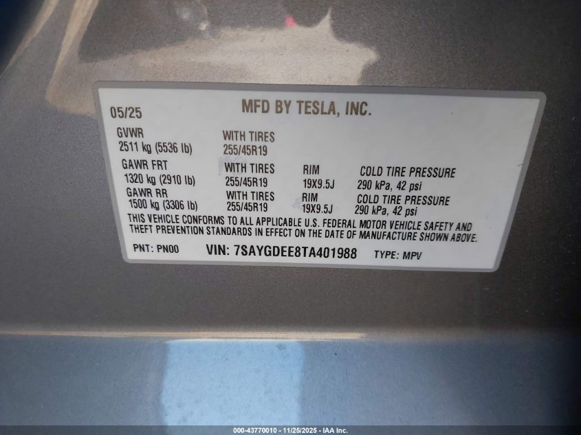 2026 Tesla Model Y Long Range Dual Motor All-Wheel Drive/Long Range Launch Series VIN: 7SAYGDEE8TA401988 Lot: 43770010