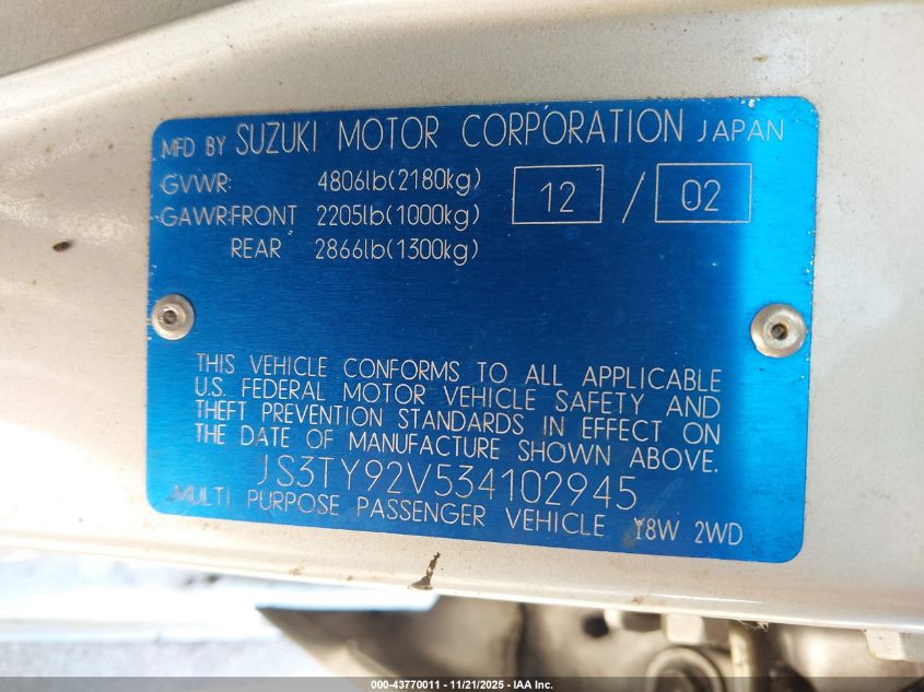 2003 Suzuki Xl-7 Ltd/Touring VIN: JS3TY92V534102945 Lot: 43770011