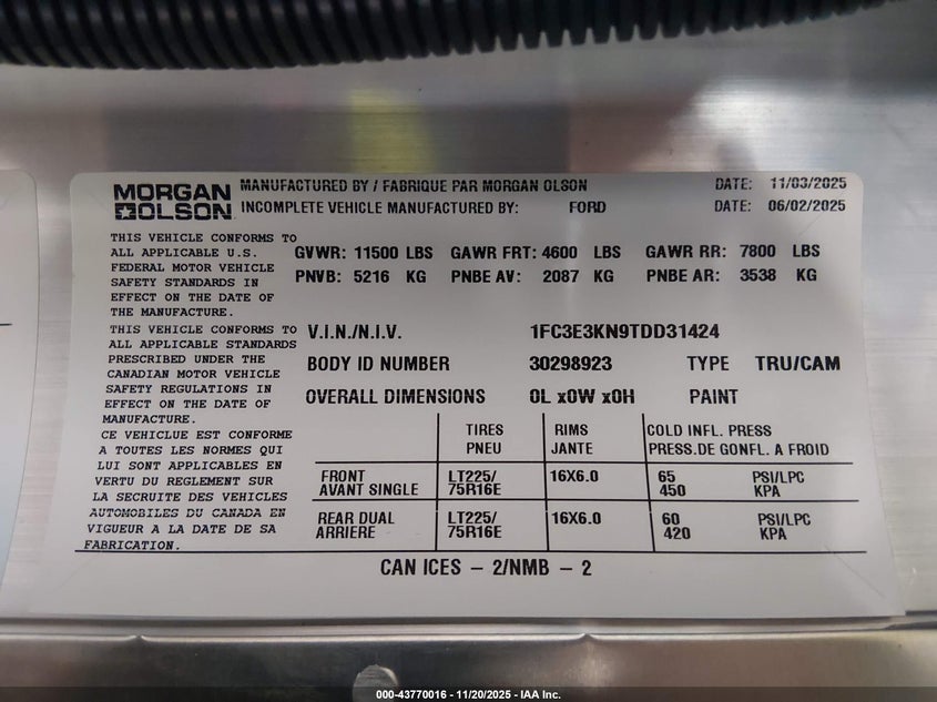 2026 Ford E-350 Stripped VIN: 1FC3E3KN9TDD31424 Lot: 43770016