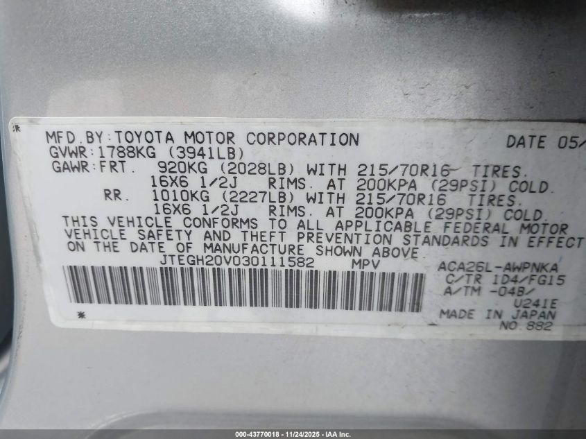 2003 Toyota Rav4 VIN: JTEGH20V030111582 Lot: 43770018