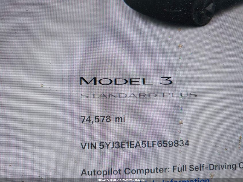 2020 Tesla Model 3 Standard Range Plus Rear-Wheel Drive/Standard Range Rear-Wheel Drive VIN: 5YJ3E1EA5LF659834 Lot: 43770020