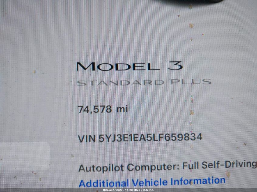 2020 Tesla Model 3 Standard Range Plus Rear-Wheel Drive/Standard Range Rear-Wheel Drive VIN: 5YJ3E1EA5LF659834 Lot: 43770020