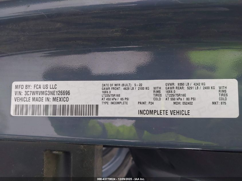 2022 Ram Promaster 3500 Cutaway Low Roof VIN: 3C7WRVMG3NE126696 Lot: 43770024