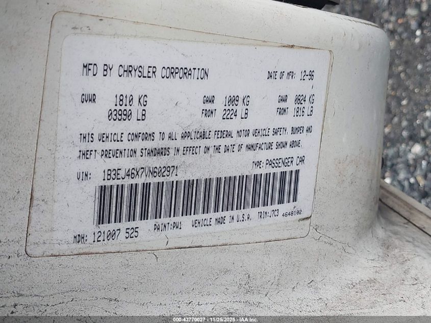 1997 Dodge Stratus VIN: 1B3EJ46X7VN602971 Lot: 43770027