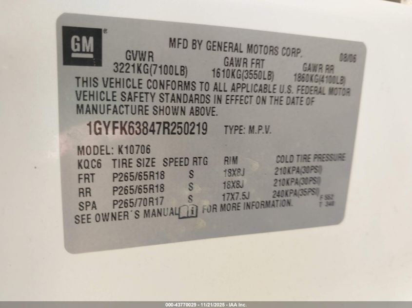 2007 Cadillac Escalade Standard VIN: 1GYFK63847R250219 Lot: 43770029