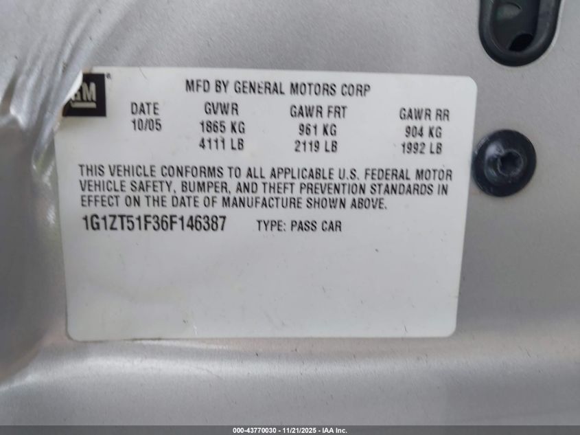 2006 Chevrolet Malibu Lt VIN: 1G1ZT51F36F146387 Lot: 43770030