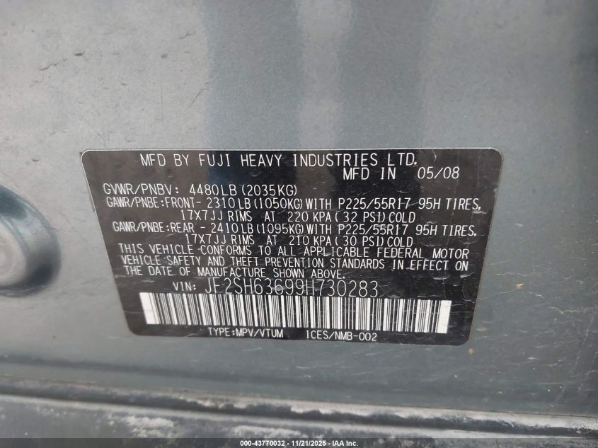 2009 Subaru Forester 2.5X VIN: JF2SH63699H730283 Lot: 43770032