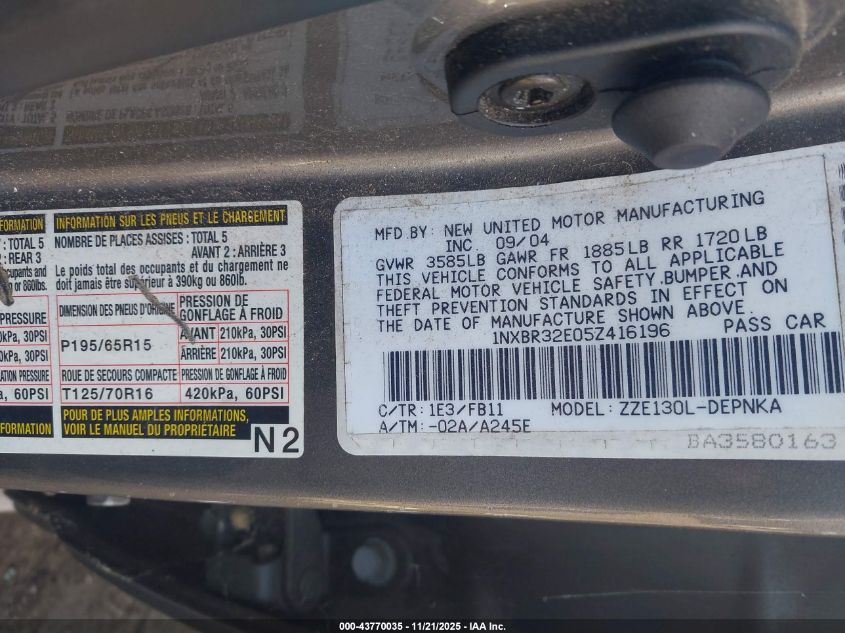 2005 Toyota Corolla Le VIN: 1NXBR32E05Z416196 Lot: 43770035