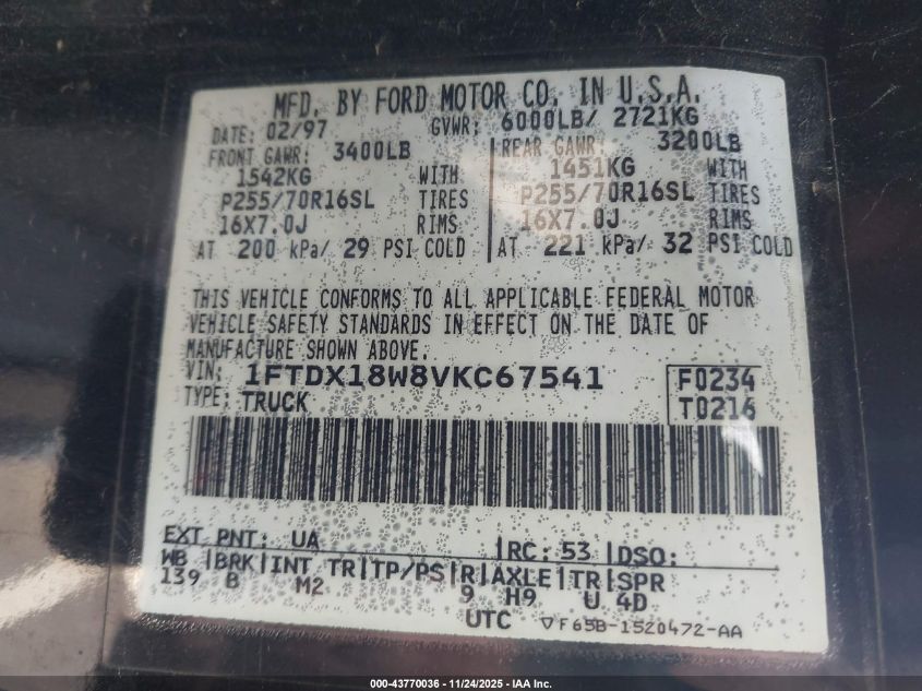 1997 Ford F-150 Lariat/Xl/Xlt VIN: 1FTDX18W8VKC67541 Lot: 43770036