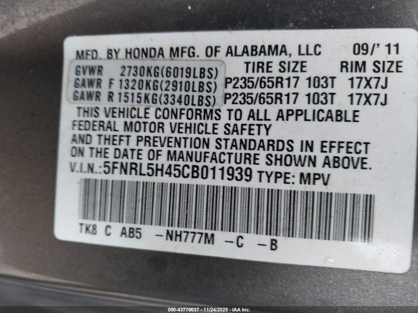 2012 Honda Odyssey Ex VIN: 5FNRL5H45CB011939 Lot: 43770037