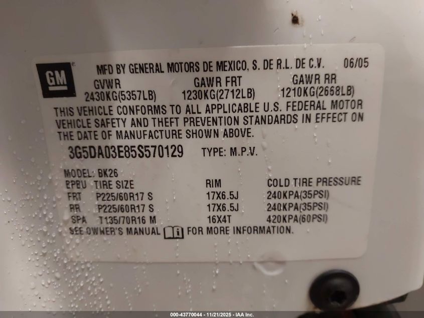 2005 Buick Rendezvous Cx VIN: 3G5DA03E85S570129 Lot: 43770044