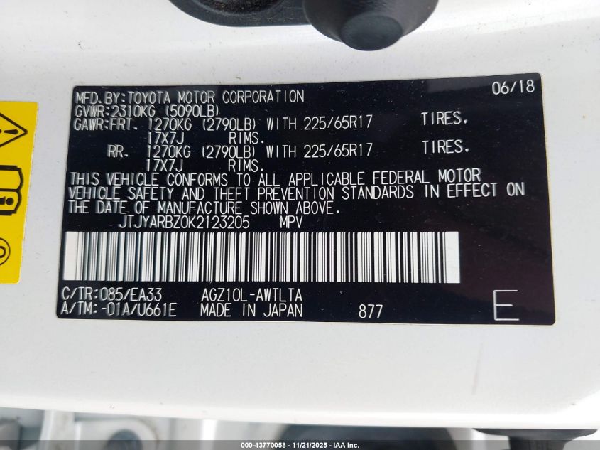 2019 Lexus Nx 300 VIN: JTJYARBZ0K2123205 Lot: 43770058