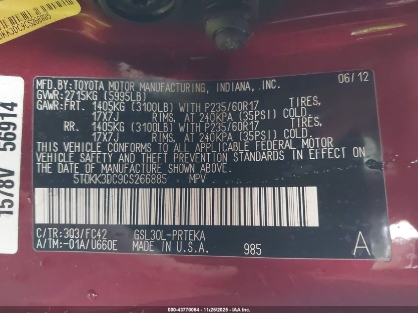 2012 Toyota Sienna Le V6 8 Passenger VIN: 5TDKK3DC9CS266885 Lot: 43770064