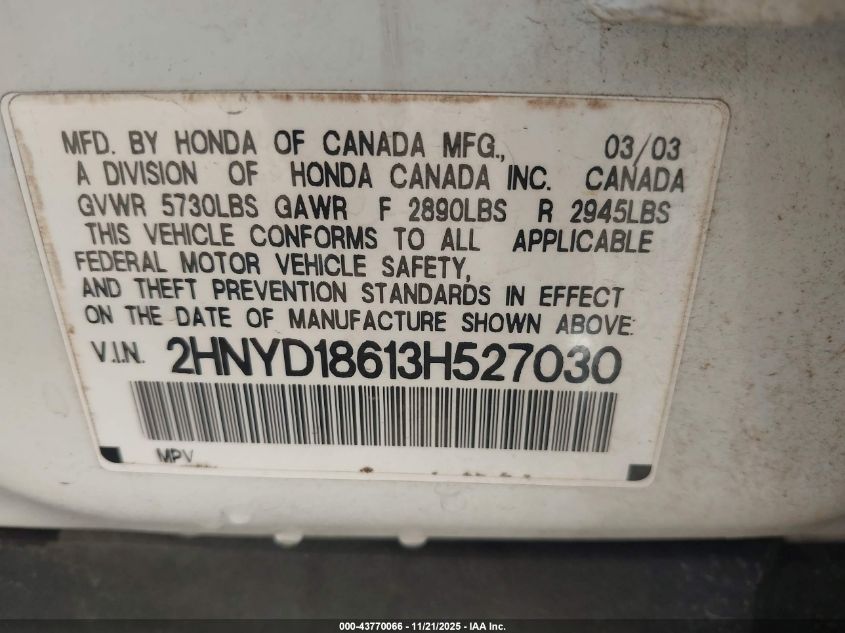2003 Acura Mdx VIN: 2HNYD18613H527030 Lot: 43770066