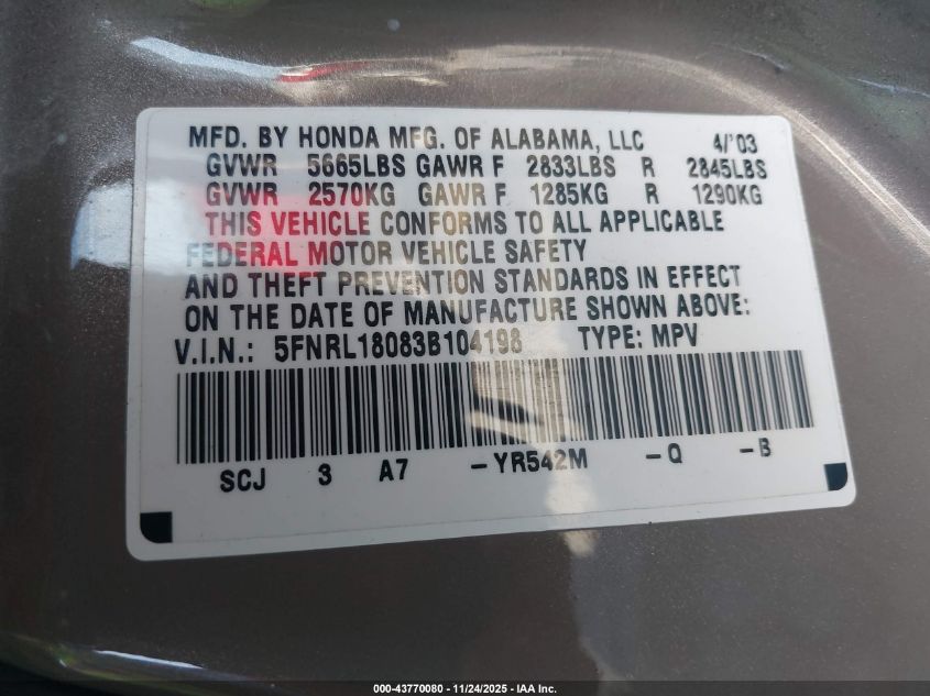 2003 Honda Odyssey Ex-L VIN: 5FNRL18083B104198 Lot: 43770080