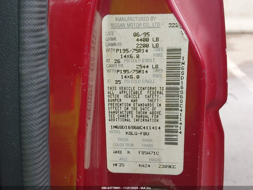 1995 Nissan Truck King Cab Xe VIN: 1N6SD16S6SC411414 Lot: 43770091