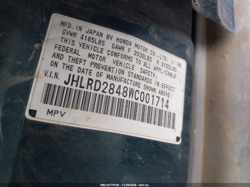 1998 Honda Cr-V Lx VIN: JHLRD2848W001714 Lot: 43770100