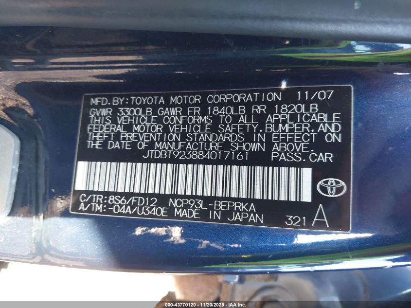 2008 Toyota Yaris VIN: JTDBT923884017161 Lot: 43770120