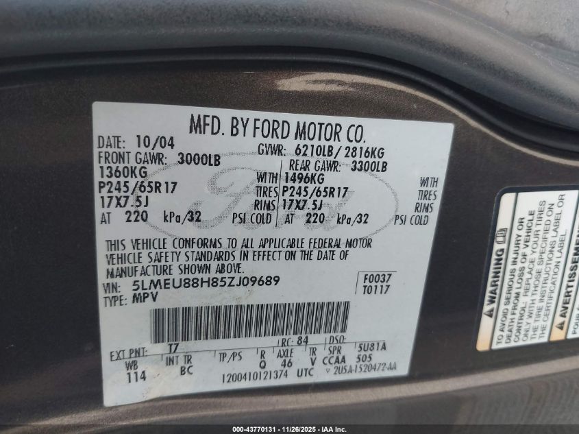 2005 Lincoln Aviator VIN: 5LMEU88H85ZJ09689 Lot: 43770131