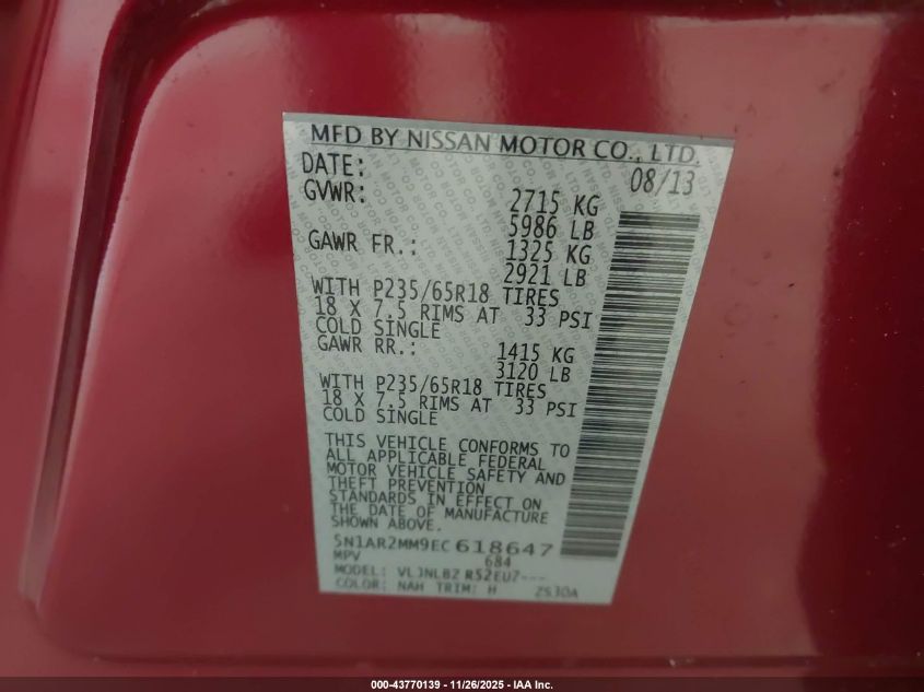 2014 Nissan Pathfinder S VIN: 5N1AR2MM9EC618647 Lot: 43770139