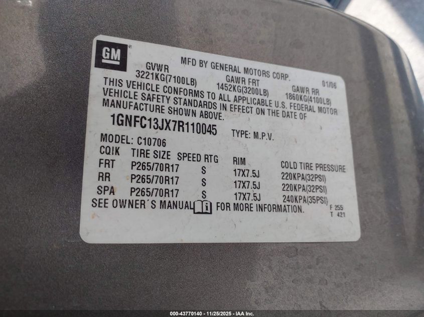 2007 Chevrolet Tahoe Lt VIN: 1GNFC13JX7R110045 Lot: 43770140
