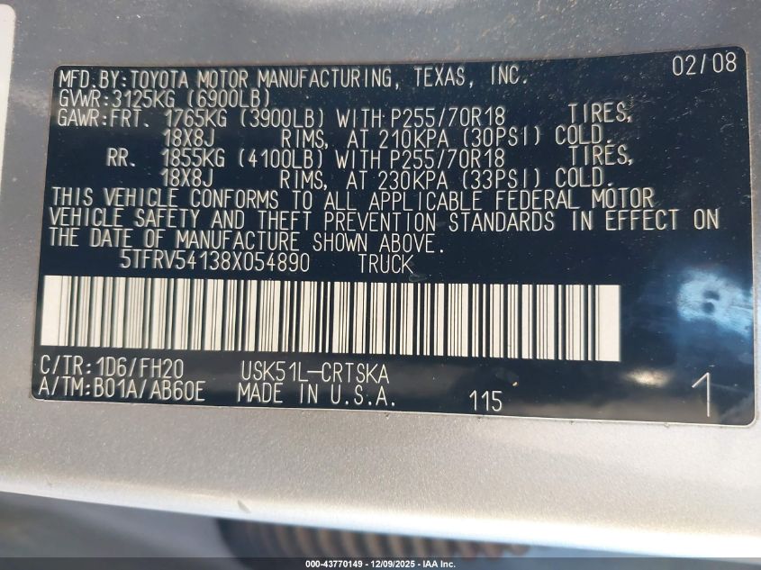 2008 Toyota Tundra Base 5.7L V8 VIN: 5TFRV54138X054890 Lot: 43770149