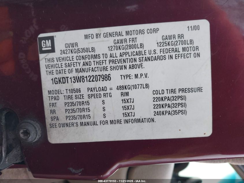 2001 GMC Jimmy Sle VIN: 1GKDT13W812207986 Lot: 43770153