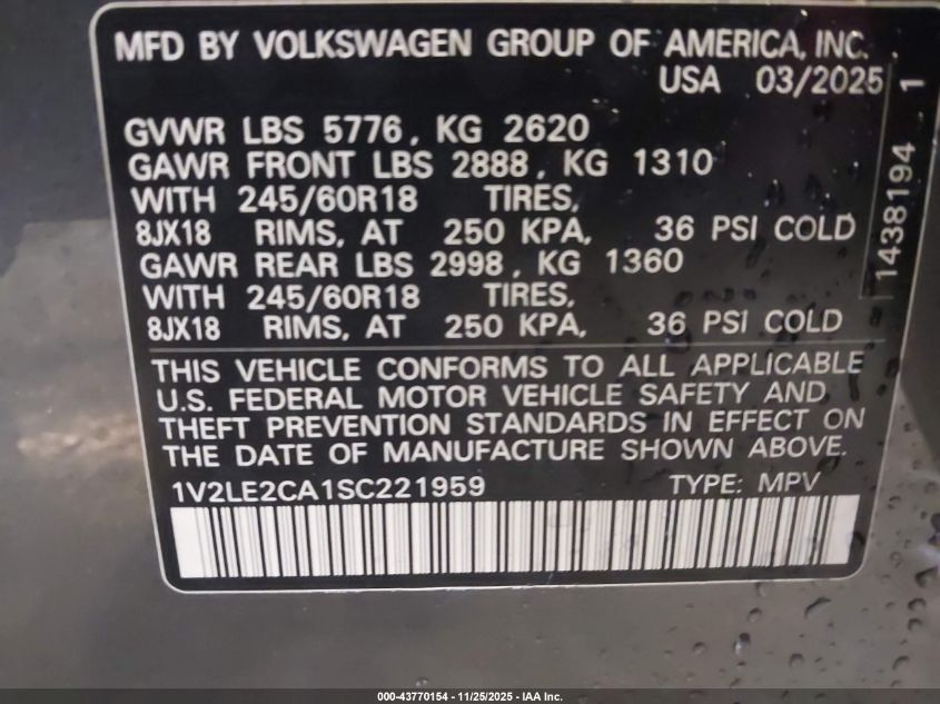 2025 Volkswagen Atlas Cross Sport 2.0T Se VIN: 1V2LE2CA1SC221959 Lot: 43770154