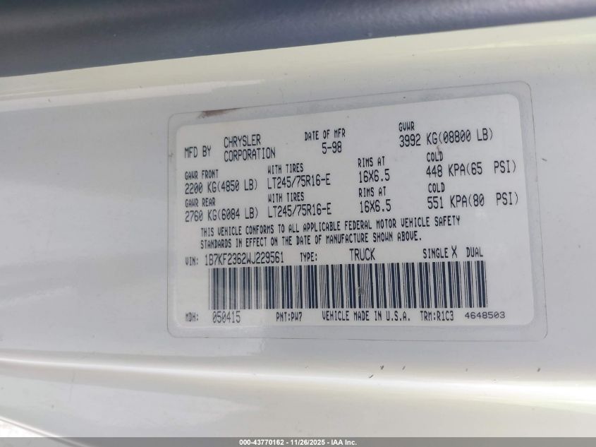 1998 Dodge Ram 2500 St VIN: 1B7KF2362WJ229561 Lot: 43770162