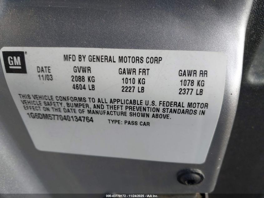 2004 Cadillac Cts Standard VIN: 1G6DM577040134764 Lot: 43770172