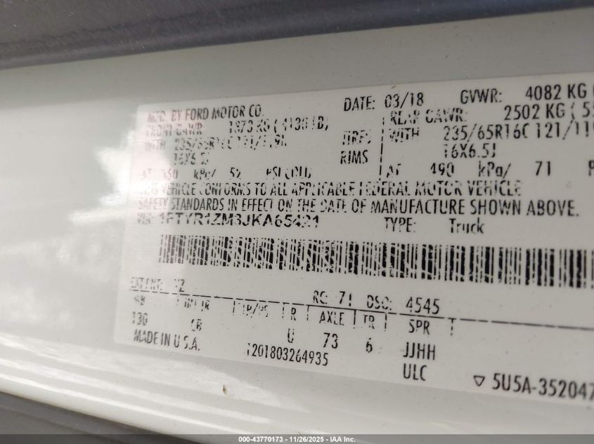 2018 Ford Transit Van Base W/60/40 Pass-Side Cargo Doors VIN: 1FTYR1ZM3JKA65421 Lot: 43770173