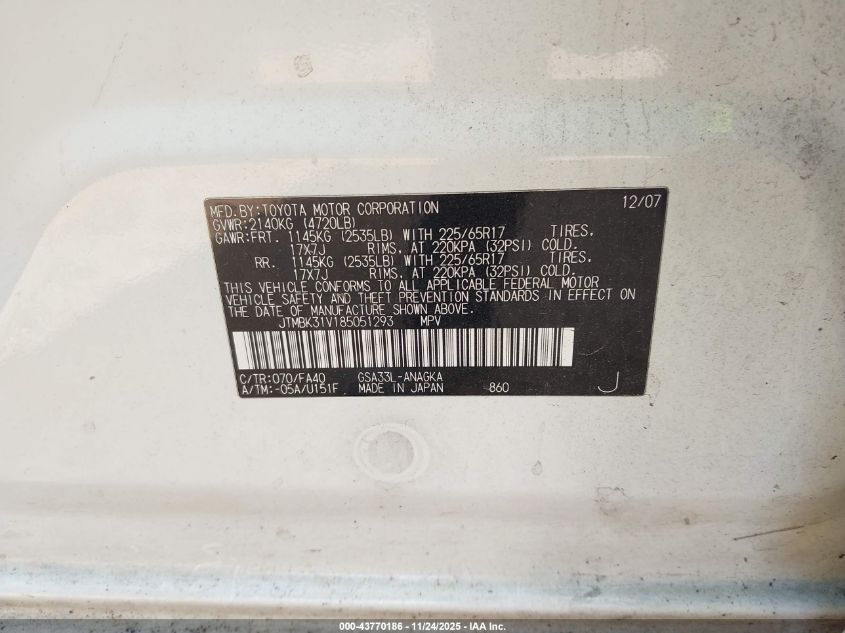 2008 Toyota Rav4 Limited V6 VIN: JTMBK31V185051293 Lot: 43770186