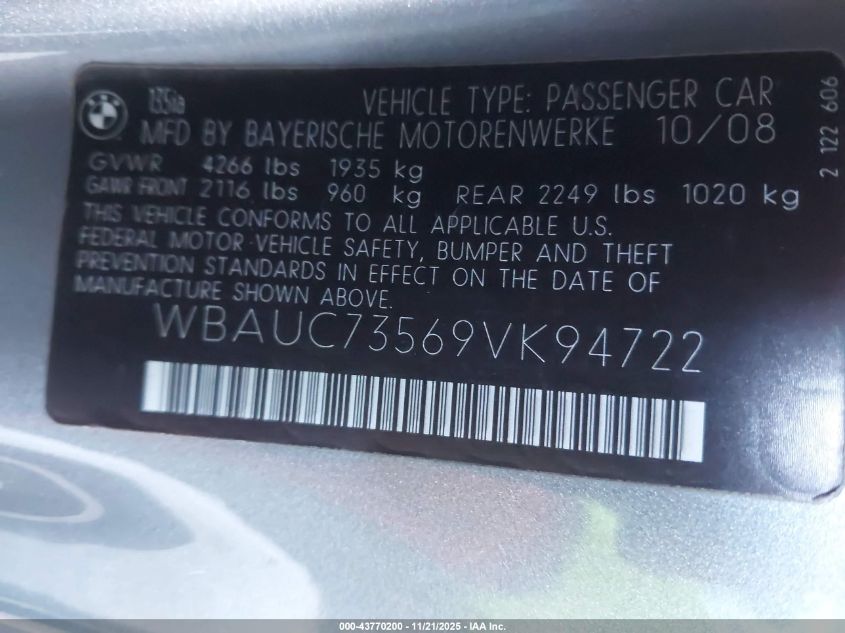 2009 BMW 135I VIN: WBAUC73569VK94722 Lot: 43770200