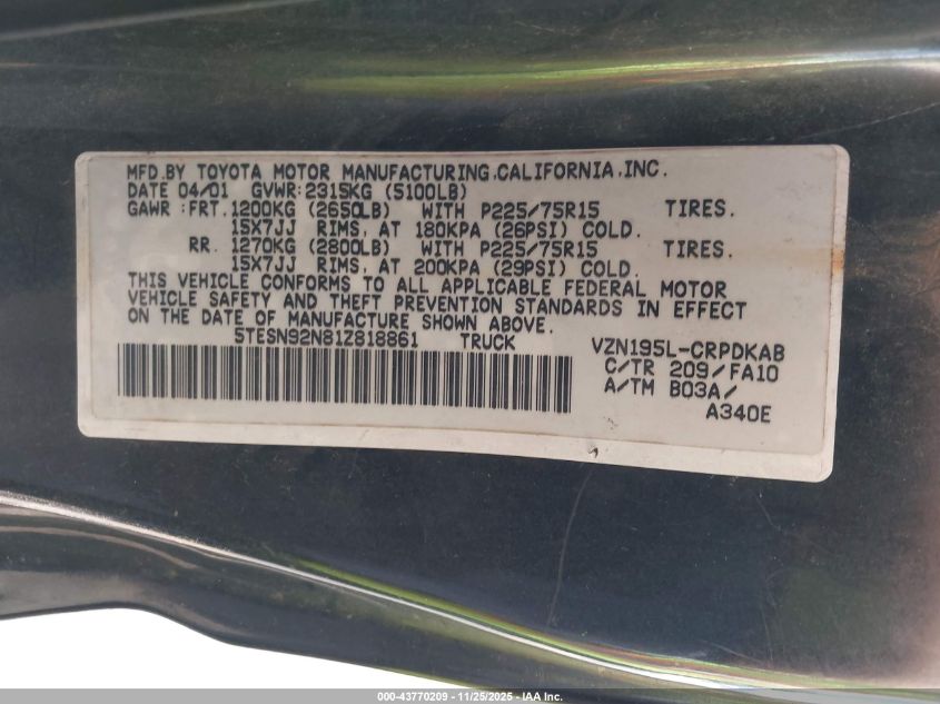 2001 Toyota Tacoma Prerunner V6 VIN: 5TESN92N81Z818861 Lot: 43770209