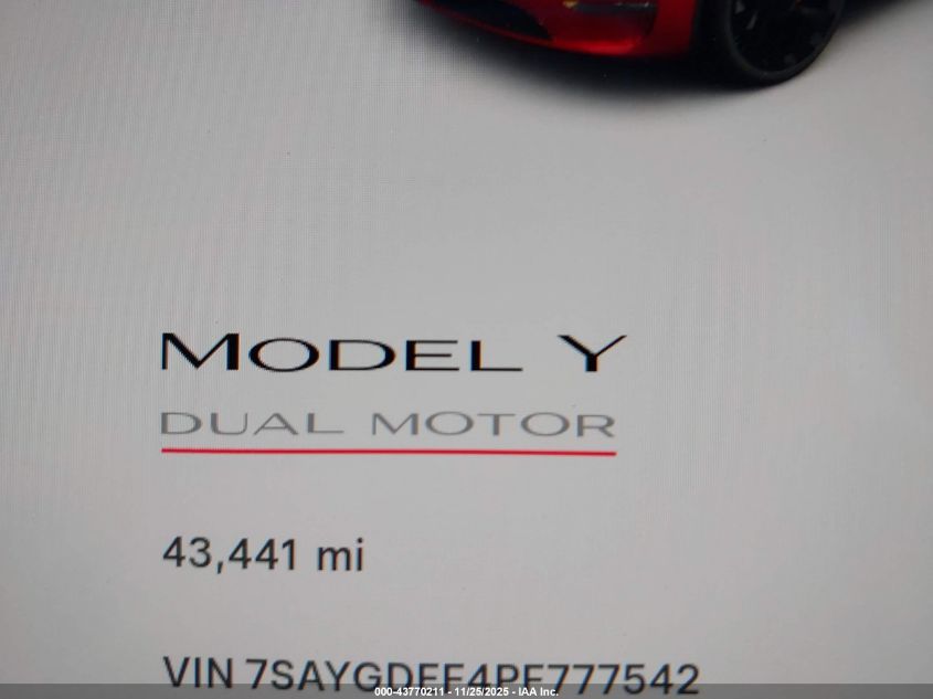 2023 Tesla Model Y Performance Dual Motor All-Wheel Drive VIN: 7SAYGDEF4PF777542 Lot: 43770211