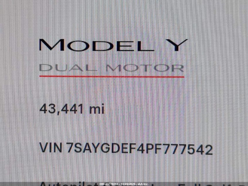 2023 Tesla Model Y Performance Dual Motor All-Wheel Drive VIN: 7SAYGDEF4PF777542 Lot: 43770211