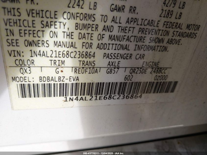 2008 Nissan Altima 2.5 S VIN: 1N4AL21E68C236864 Lot: 43770213