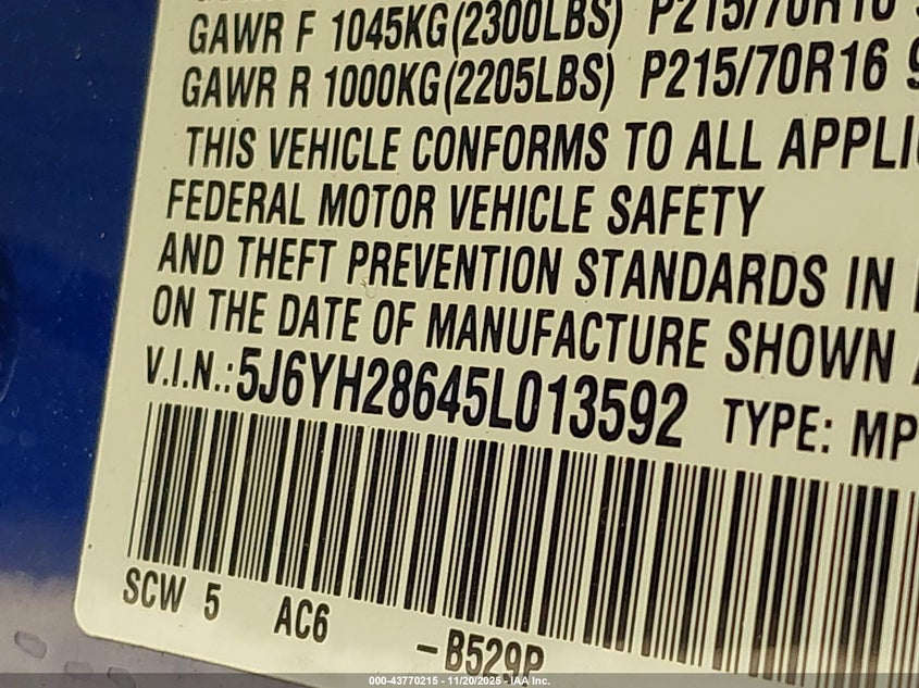 2005 Honda Element Ex VIN: 5J6YH28645L013592 Lot: 43770215