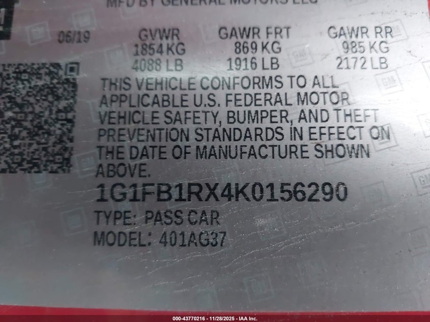 2019 Chevrolet Camaro 1Ls VIN: 1G1FB1RX4K0156290 Lot: 43770216