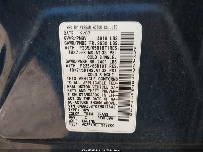 JN8AZ08T07W517643 2007 NISSAN MURANO photo no. 9