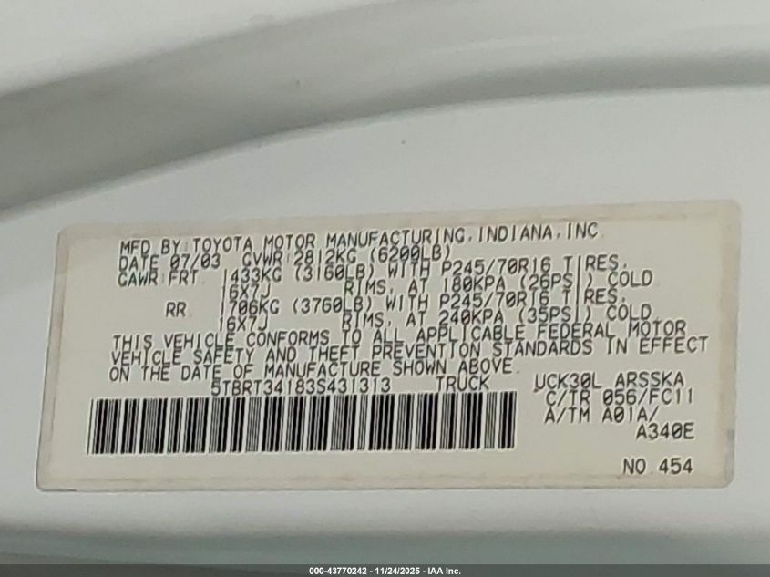 2003 Toyota Tundra Sr5 V8 VIN: 5TBRT34183S431313 Lot: 43770242