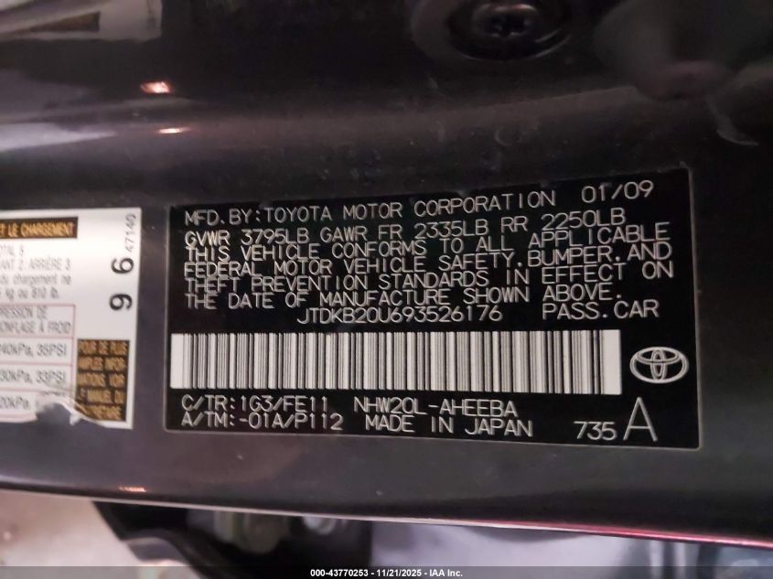 2009 Toyota Prius Touring VIN: JTDKB20U693526176 Lot: 43770253