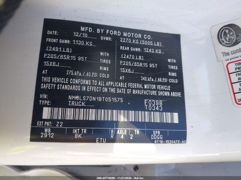 2011 Ford Transit Connect Xlt VIN: NM0LS7DN1BT051575 Lot: 43770256