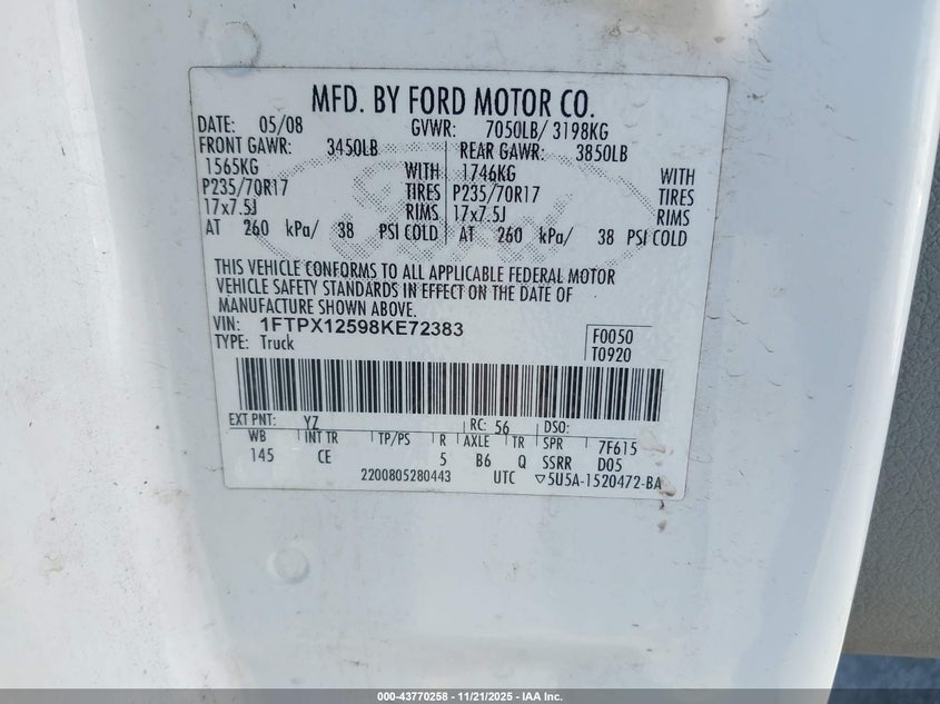 1FTPX12598KE72383 2008 FORD F-150 photo no. 9