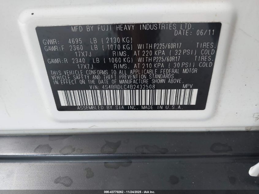 2011 Subaru Outback 3.6R Limited VIN: 4S4BRDLC4B2432508 Lot: 43770262